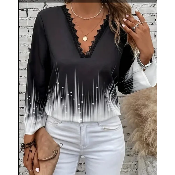 Kadın Uzun Kollu V Dantel Yaka Desenli Modal Bluz