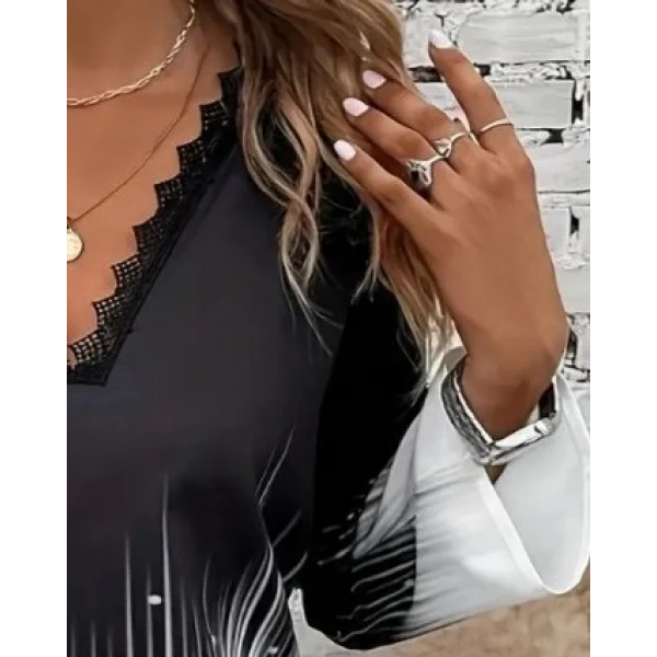 Kadın Uzun Kollu V Dantel Yaka Desenli Modal Bluz