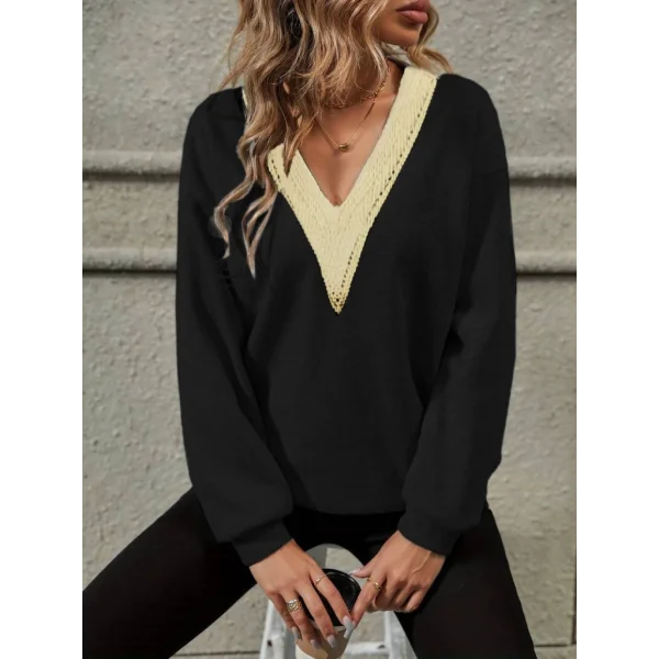 Kadın Uzun Kollu V Dantel Yaka şardonsuz üç Iplik Bluz