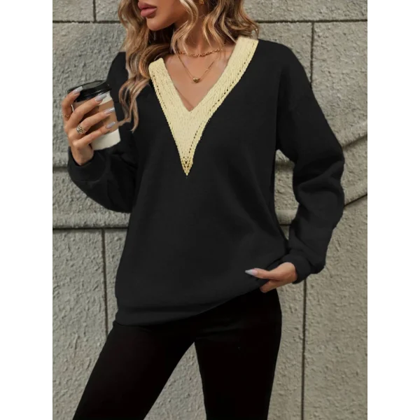 Kadın Uzun Kollu V Dantel Yaka şardonsuz üç Iplik Bluz