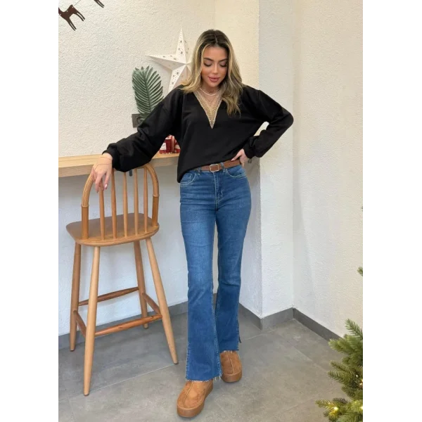 Kadın Uzun Kollu V Dantel Yaka şardonsuz üç Iplik Bluz