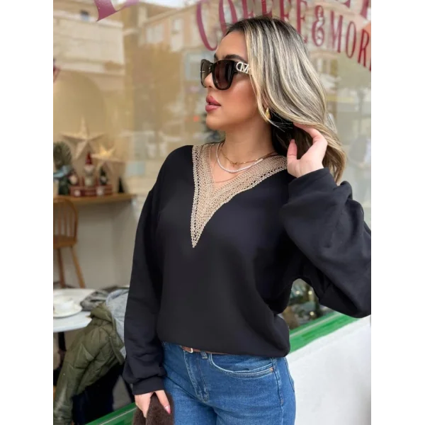 Kadın Uzun Kollu V Dantel Yaka şardonsuz üç Iplik Bluz