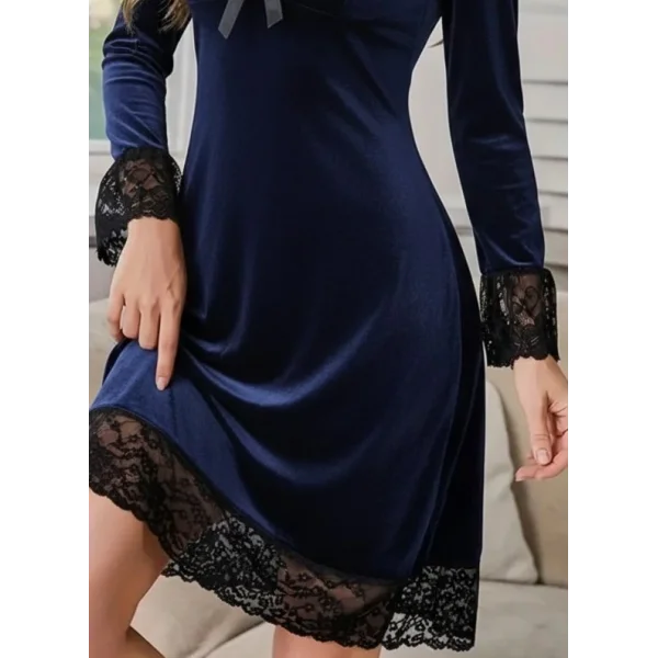 Kadın Uzun Kollu V Dantel Yakalı Mini Kadife Elbise