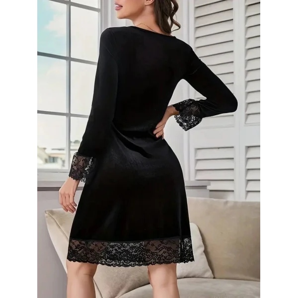 Kadın Uzun Kollu V Dantel Yakalı Mini Kadife Elbise