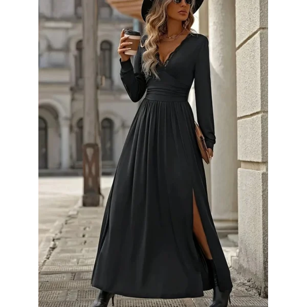 Kadın Uzun Kollu V Dantel Yakalı Yırtmaçlı Uzun Sandy Elbise