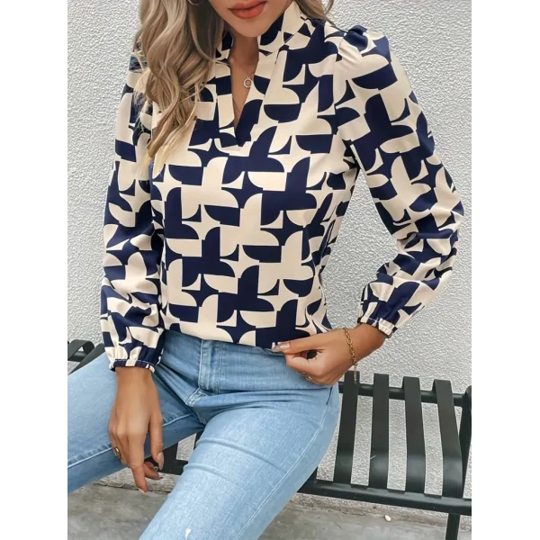 Kadın Uzun Kollu V Hakim Yaka Desenli Dalgıç Bluz