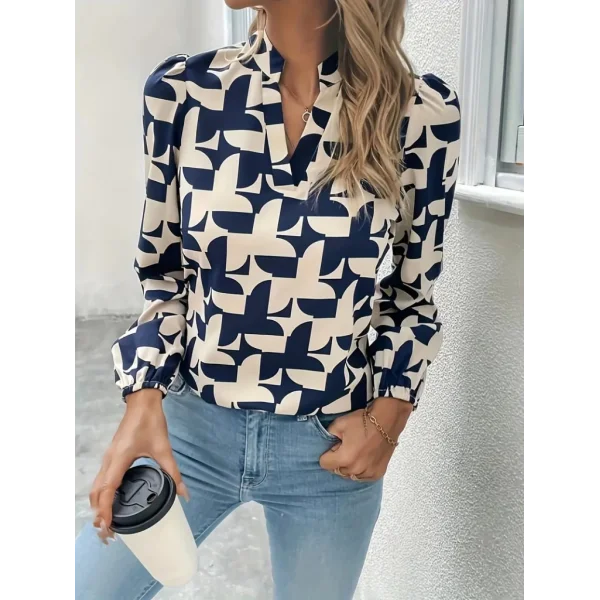 Kadın Uzun Kollu V Hakim Yaka Desenli Dalgıç Bluz