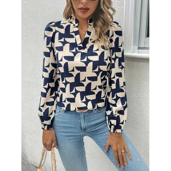 Kadın Uzun Kollu V Hakim Yaka Desenli Dalgıç Bluz