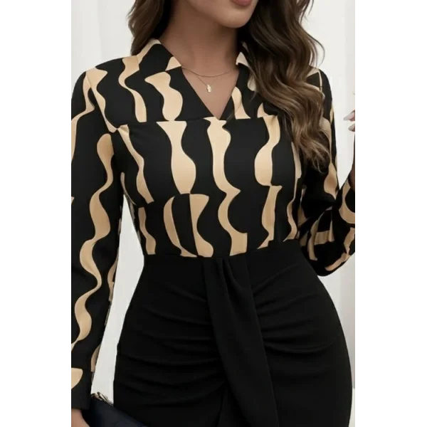 Kadın Uzun Kollu V Hakim Yakalı Desenli Dalgıç Bluz Ve önden Büzgülü Krep Ikili Takım