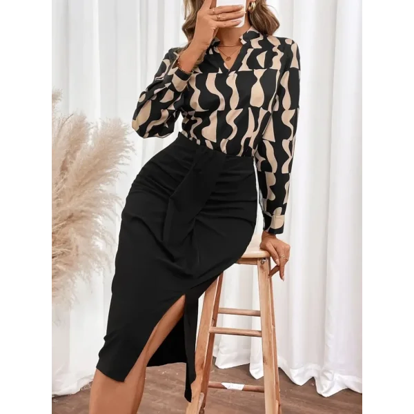 Kadın Uzun Kollu V Hakim Yakalı Desenli Dalgıç Bluz Ve önden Büzgülü Krep Ikili Takım