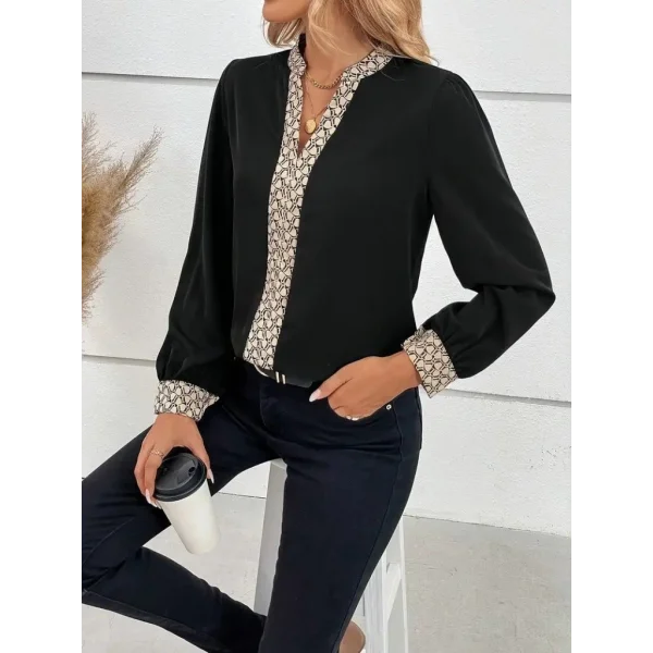 Kadın Uzun Kollu V Hakim Yakalı Desenli Ithal Krep Bluz