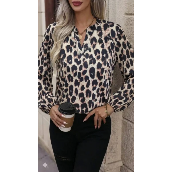 Kadın Uzun Kollu V Hakim Yakalı Leopar Desenli Süprem Bluz