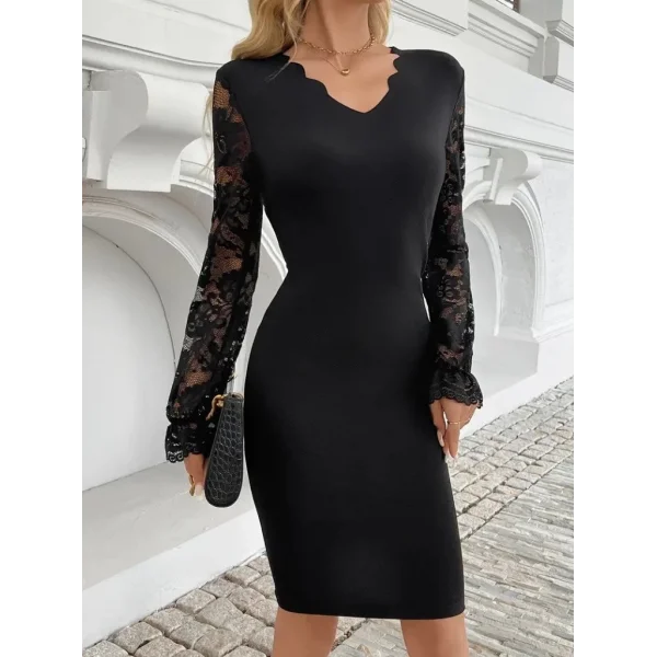 Kadın Uzun Kollu V Lazer Kesim Detaylı Kısa Ithal Krep Elbise