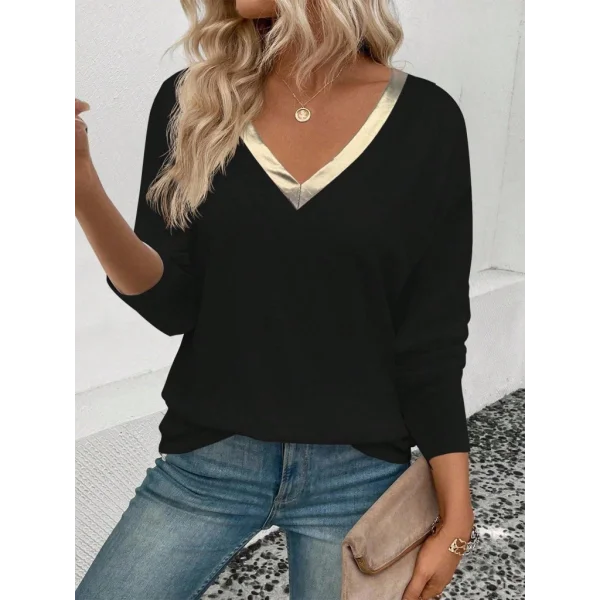 Kadın Uzun Kollu V Parlak Yaka Detaylı Viskon Bluz