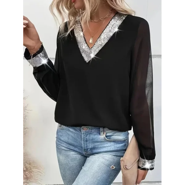Kadın Uzun Kollu V Pulpayet Yakalı Ithal Krep Bluz