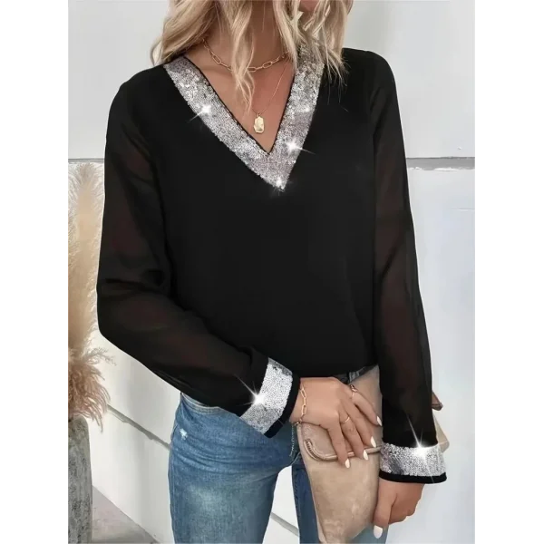 Kadın Uzun Kollu V Pulpayet Yakalı Ithal Krep Bluz