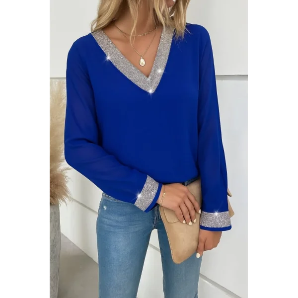 Kadın Uzun Kollu V Pulpayet Yakalı Ithal Krep Bluz
