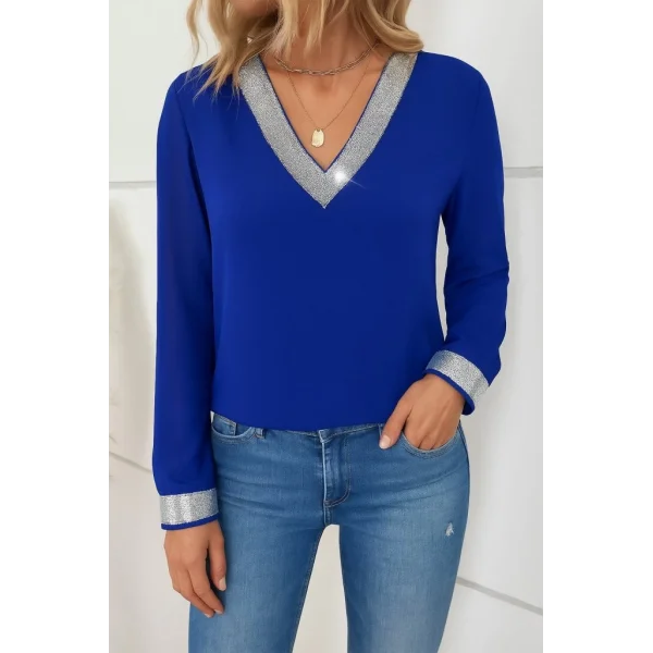Kadın Uzun Kollu V Pulpayet Yakalı Ithal Krep Bluz