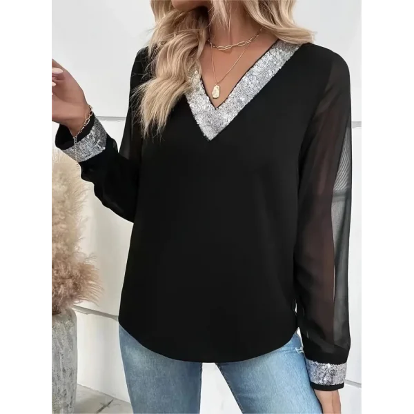 Kadın Uzun Kollu V Pulpayet Yakalı Ithal Krep Bluz