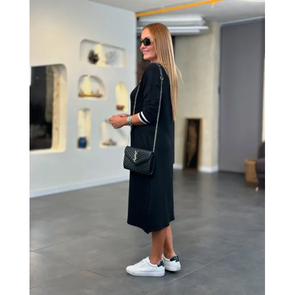 Kadın Uzun Kollu V Ribana Yakalı Yanlardan Yırtmaçlı Midi Viskon Iki Iplik Elbise