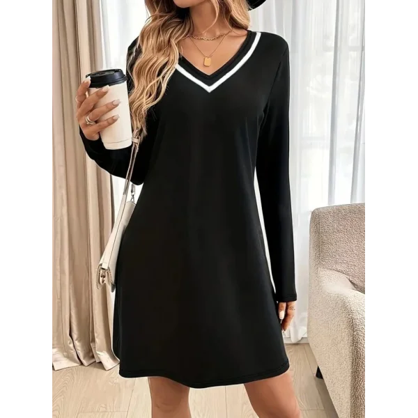 Kadın Uzun Kollu V şerit Yakalı Kısa Viskon Iki Iplik Elbise