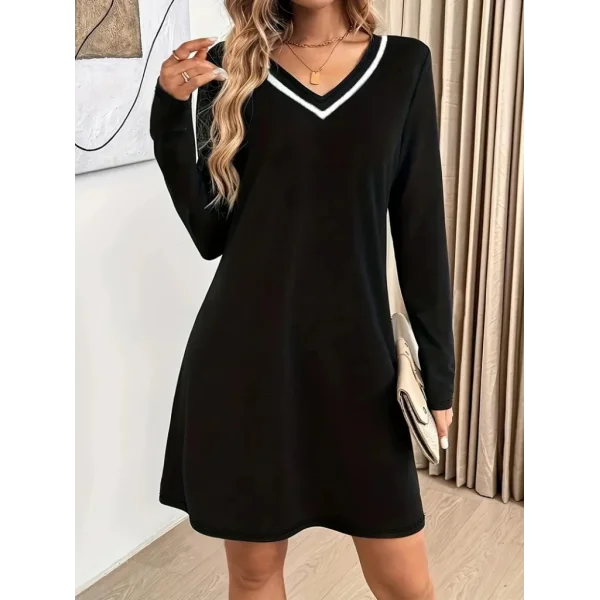 Kadın Uzun Kollu V şerit Yakalı Kısa Viskon Iki Iplik Elbise