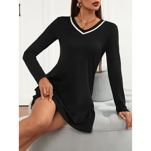 Kadın Uzun Kollu V şerit Yakalı Kısa Viskon Iki Iplik Elbise