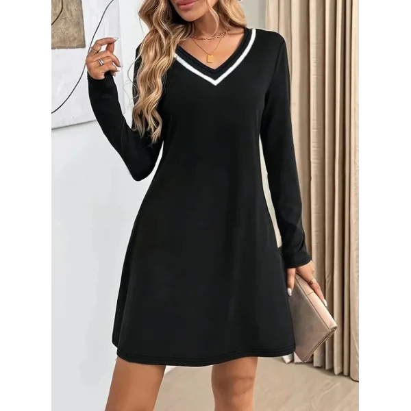 Kadın Uzun Kollu V şerit Yakalı Kısa Viskon Iki Iplik Elbise