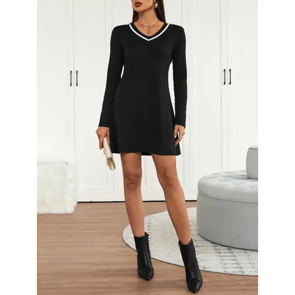 Kadın Uzun Kollu V şerit Yakalı Kısa Viskon Iki Iplik Elbise