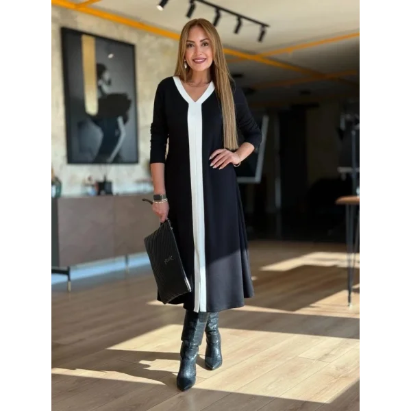 Kadın Uzun Kollu V şerit Yakalı önden Kısa Yırtmaçlı Detaylı Midi Viskon Iki Iplik Elbise