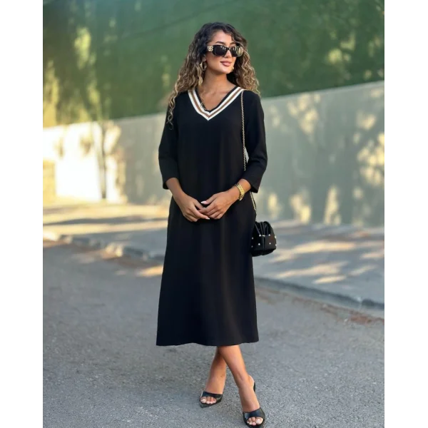 Kadın Uzun Kollu V şerit Yakalı Viskon Iki Iplik Elbise