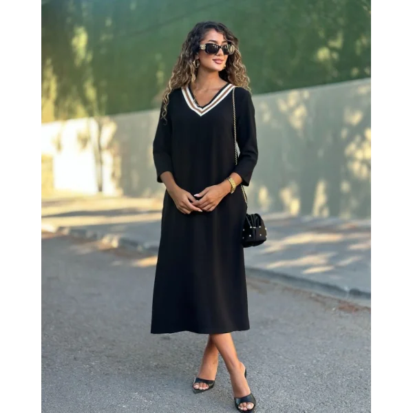 Kadın Uzun Kollu V şerit Yakalı Viskon Iki Iplik Elbise