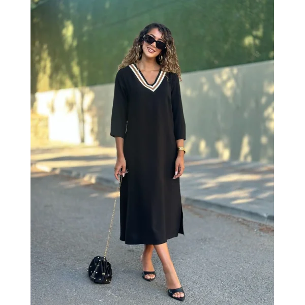 Kadın Uzun Kollu V şerit Yakalı Viskon Iki Iplik Elbise
