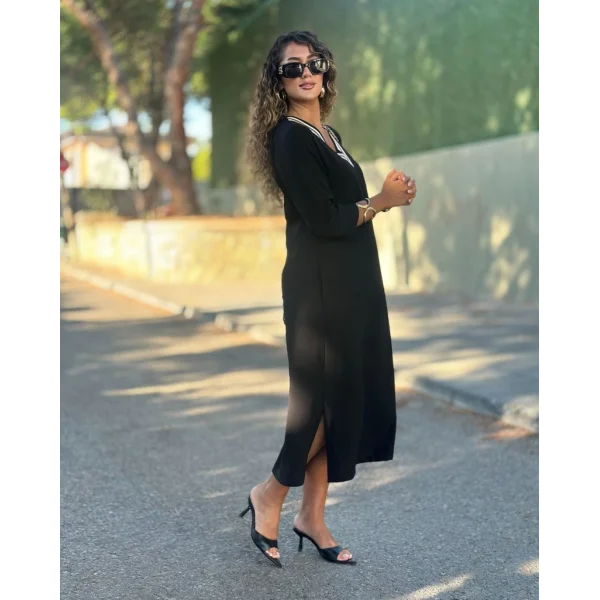 Kadın Uzun Kollu V şerit Yakalı Viskon Iki Iplik Elbise