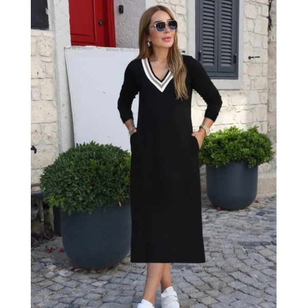 Kadın Uzun Kollu V şerit Yakalı Viskon Iki Iplik Elbise