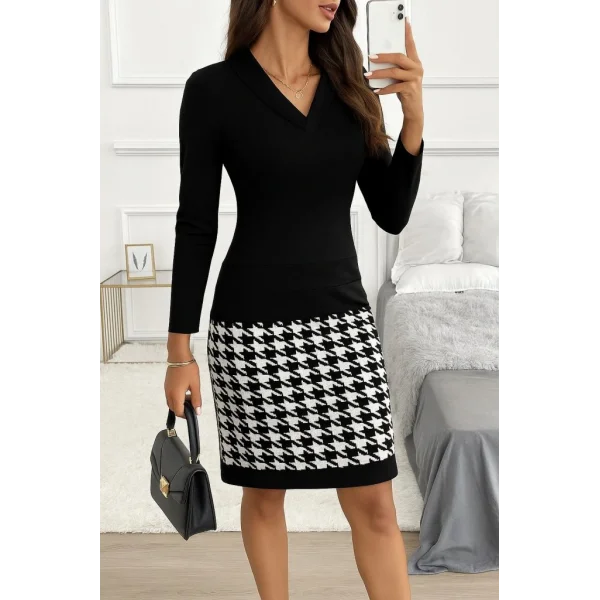 Kadın Uzun Kollu V Yaka Alt Tarafı Desenli Dalgıç Mini Boy Elbise