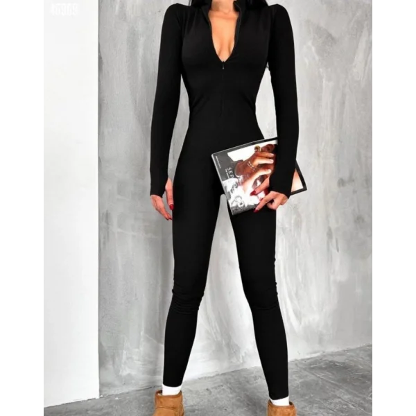 Kadın Uzun Kollu V Yaka Baş Parmak Geçirmeli Detay Kaşkorse Tulum