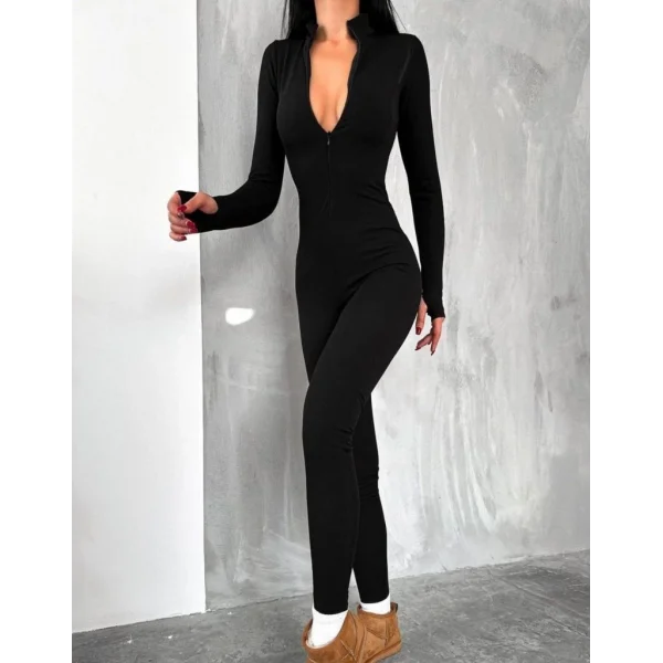 Kadın Uzun Kollu V Yaka Baş Parmak Geçirmeli Detay Kaşkorse Tulum