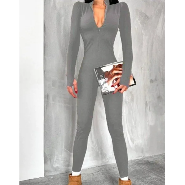 Kadın Uzun Kollu V Yaka Baş Parmak Geçirmeli Detay Kaşkorse Tulum