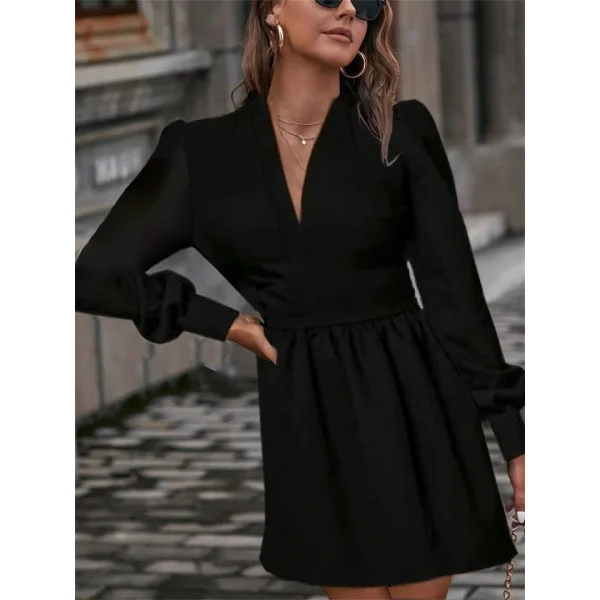 Kadın Uzun Kollu V Yaka Belden Hafif Pileli Scuba Krep Mini Boy Elbise