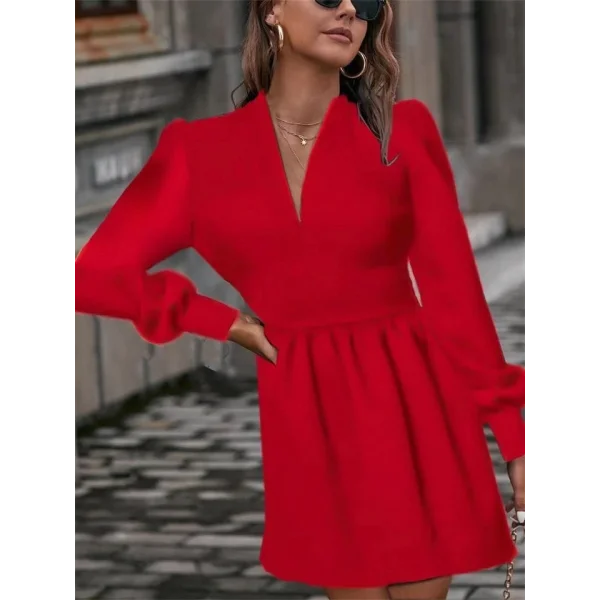 Kadın Uzun Kollu V Yaka Belden Hafif Pileli Scuba Krep Mini Boy Elbise