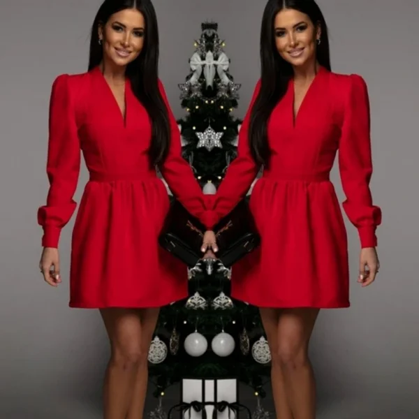 Kadın Uzun Kollu V Yaka Belden Hafif Pileli Scuba Krep Mini Boy Elbise