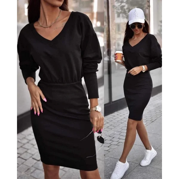 Kadın Uzun Kollu V Yaka Beli Lastikli Kolu Manşetli Iki Iplik Elbise