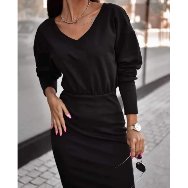 Kadın Uzun Kollu V Yaka Beli Lastikli Kolu Manşetli Iki Iplik Elbise