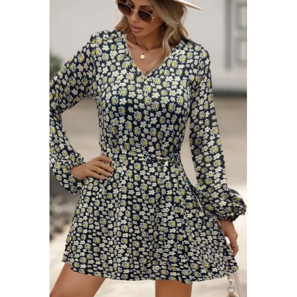 Kadın Uzun Kollu V Yaka çiçek Desenli Helen Kumaş Elbise