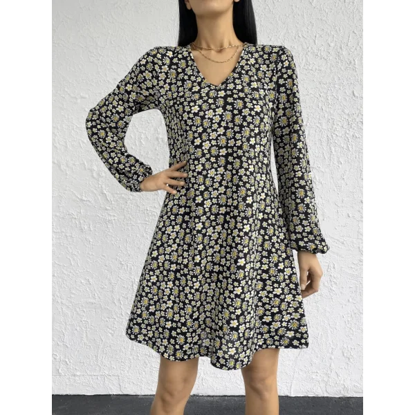 Kadın Uzun Kollu V Yaka çiçek Desenli Helen Kumaş Elbise