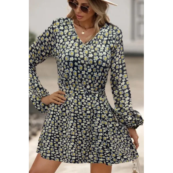 Kadın Uzun Kollu V Yaka çiçek Desenli Helen Kumaş Elbise
