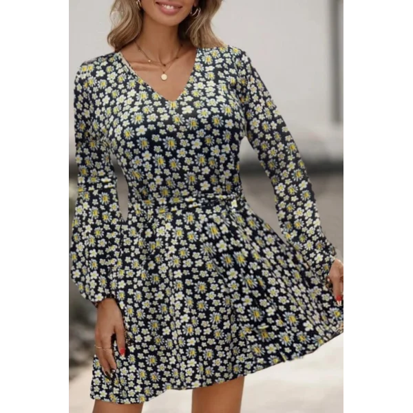 Kadın Uzun Kollu V Yaka çiçek Desenli Helen Kumaş Elbise