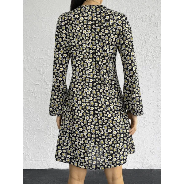 Kadın Uzun Kollu V Yaka çiçek Desenli Helen Kumaş Elbise