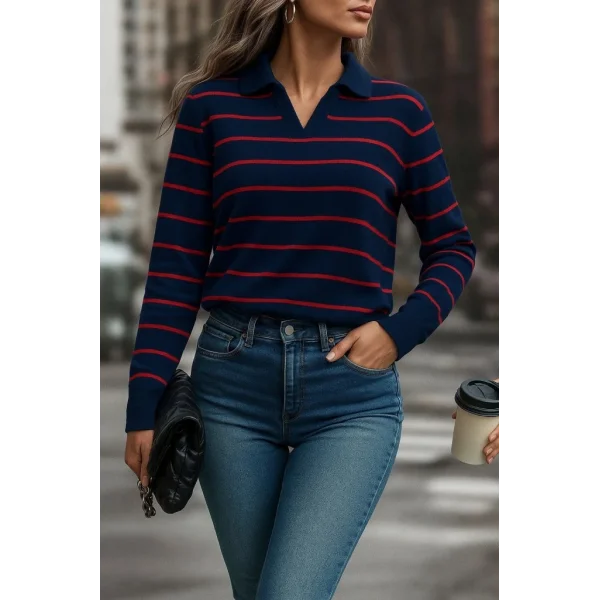 Kadın Uzun Kollu V Yaka çizgili Triko Bluz